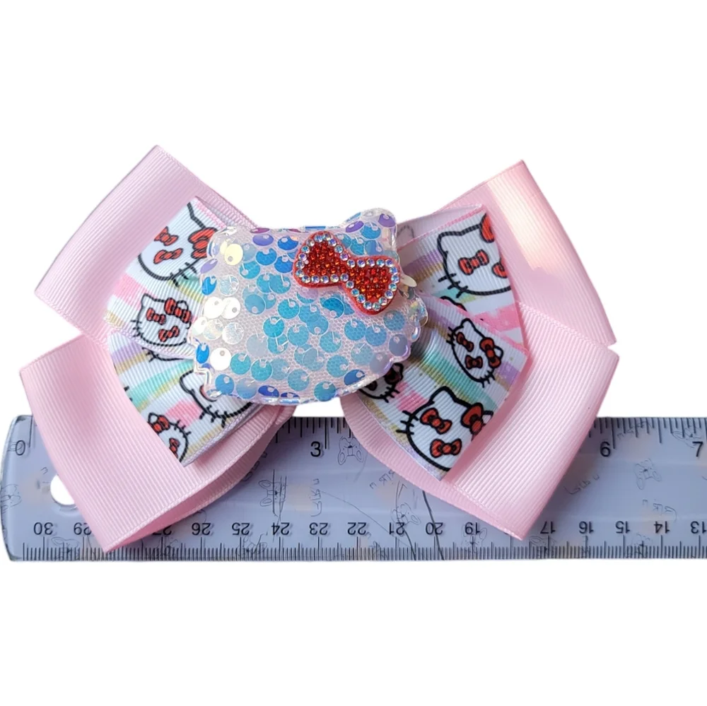 Cat Custom Handmade HK Sequins Ribbon and Rhinestone Pink Bow Hair Clip